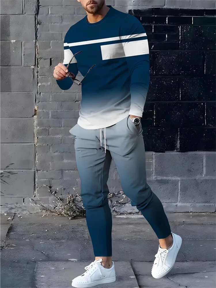 Men's Sport T-Shirts Pants Suits Color Block 3D Print T Shirt Pants 2Pcs Sets Men/Women Long Sleeve Tracksuit 2Pcs Jogger Outfit