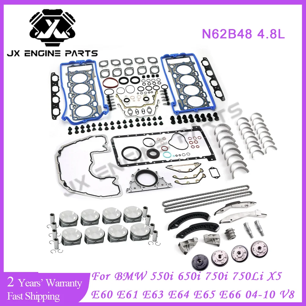 Kit de Reconstrucción de Motor N62B48, Cadena de Distribución, Juego de Juntas y Cojinetes de Pistón para BMW 4.8 550i 650i 750i 750Li X5 E66 E53 E70 N62 B48 4.8L