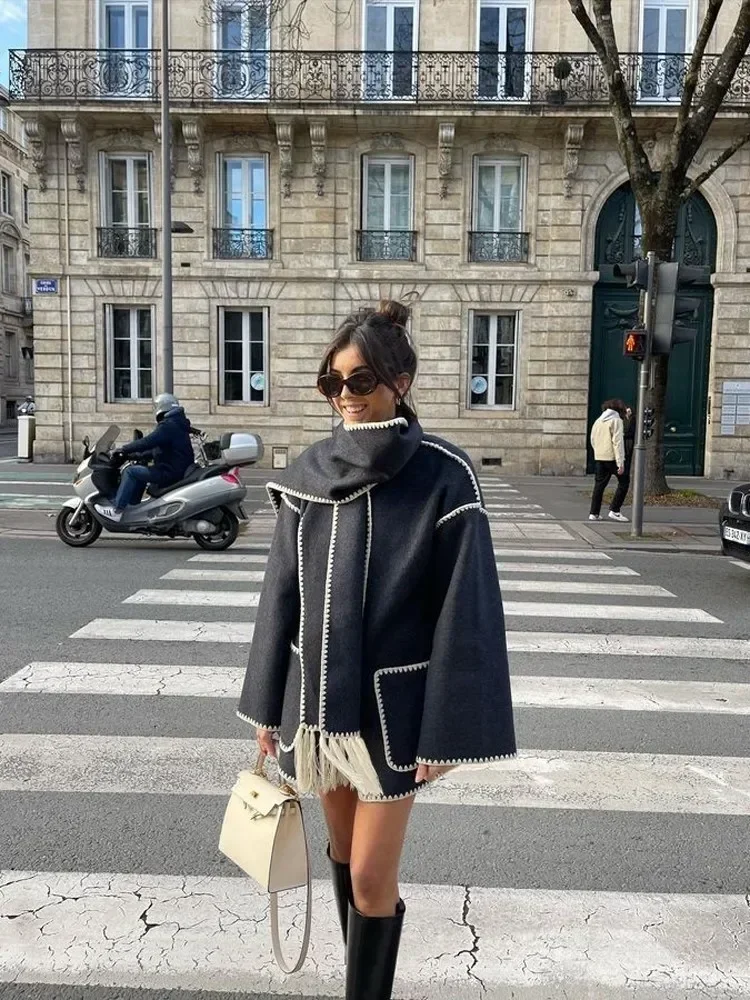 Abrigo holgado con bufanda para mujer, chaqueta de calle de manga larga con bolsillo y botonadura única, a la moda, otoño e invierno, 2024