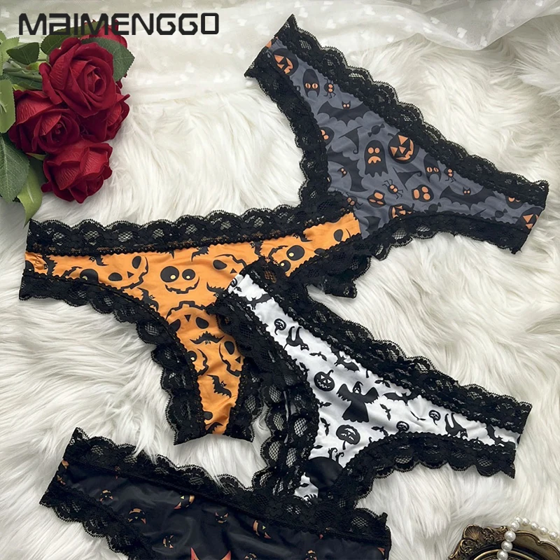 1pc Halloween Underwear Sexy Lace Patchwork Halloween Print Graffiti Christmas Seamless Ice Silk T Pants Breathable Girls' Thong