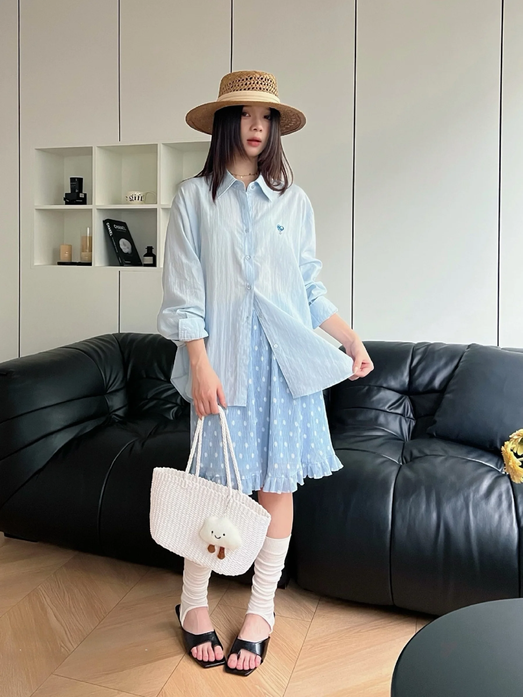 

Summer Long Sleeve Embroidered Shirt Women Loose Fit Slimming Korean Style Casual Top Button up Collar Versatile Fashion