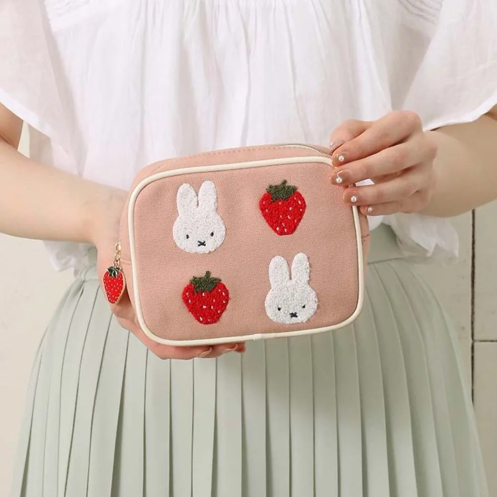 Strawberry Cartoon Kawaii Pink Square Makeup Storage Bag Portable Embroidery Fashion Canvas Lipstick Pack Plush