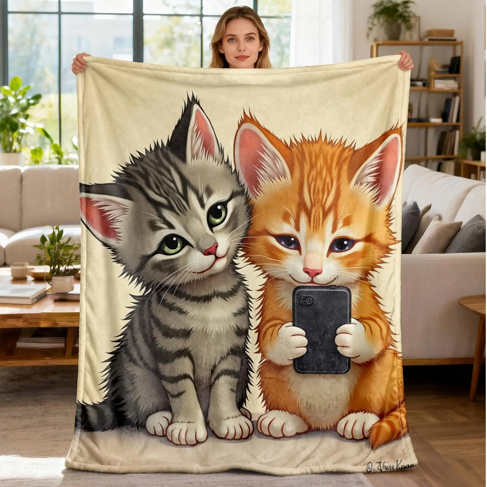 Cute Cat Pair Throw Blanket for Pet Lovers Plush Funny Animal Home Decor Gifts Cozy Napping Throw Blanket Stereo Style Decor