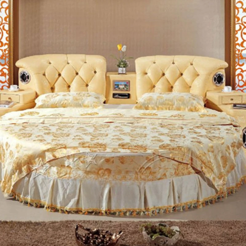 European Modern Round Bed Leather Modern Smart Audio Round Bed Multi Function Cama Matrimonial Bedroom Furniture