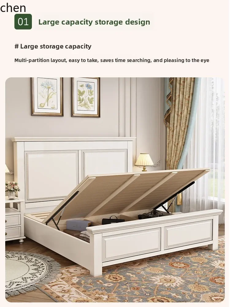 

HYS Country Solid Wood Bed High Box Storage Double Bed Vintage Style Master Bedroom 1.8m Natural Wood Wedding Bed