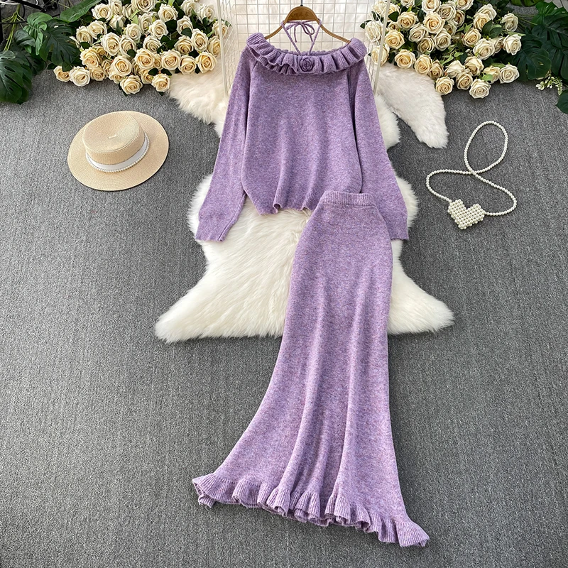 

Gentle Heavy Industry Three Dimensional Flower Lotus Leaf Edge Off Shoulder Pullover+Elegant Half Skirt Two Piece Set