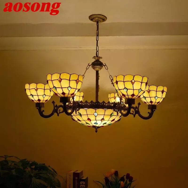 

AOSONG Tiffany European Living Room PendantLamp Vintage Creative Color Glass restaurant Bedroom Hotel Chandelier