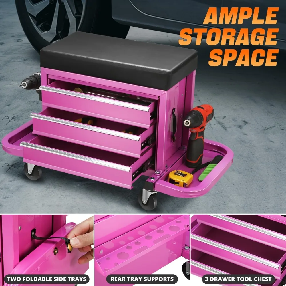 3-Drawer Tool Chest Rolling Mechanic Seat with Tool Trays,350lbs Max Weight Capacity, Purple, TOOLS-00261-PR