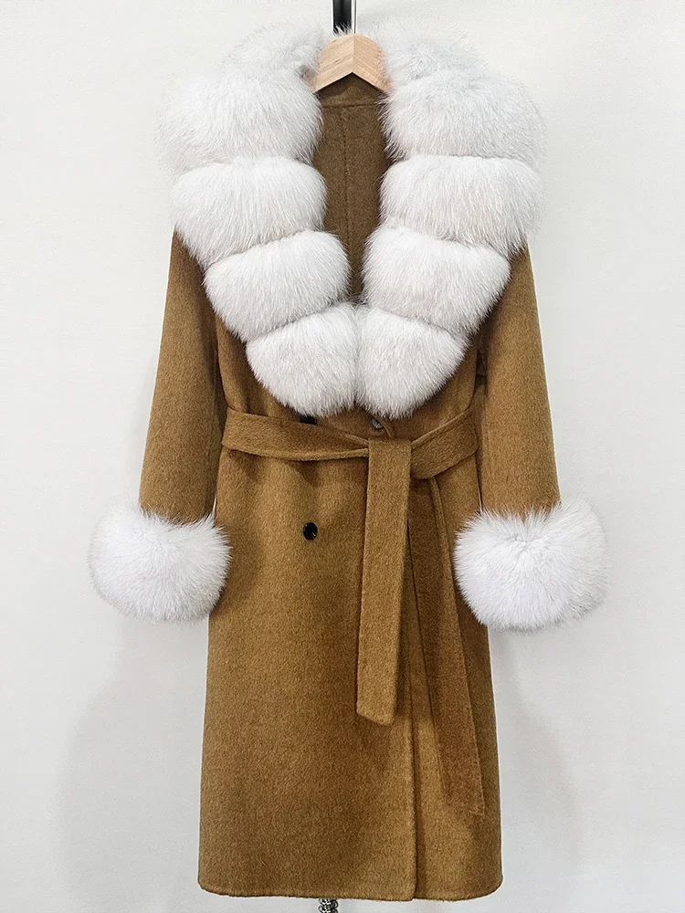 New Women Fashion Warm 100% Wool Real Fox Fur Jacket Overcoat Wholesale New Autumn Winter Clothes Long Natural Woolen Coat