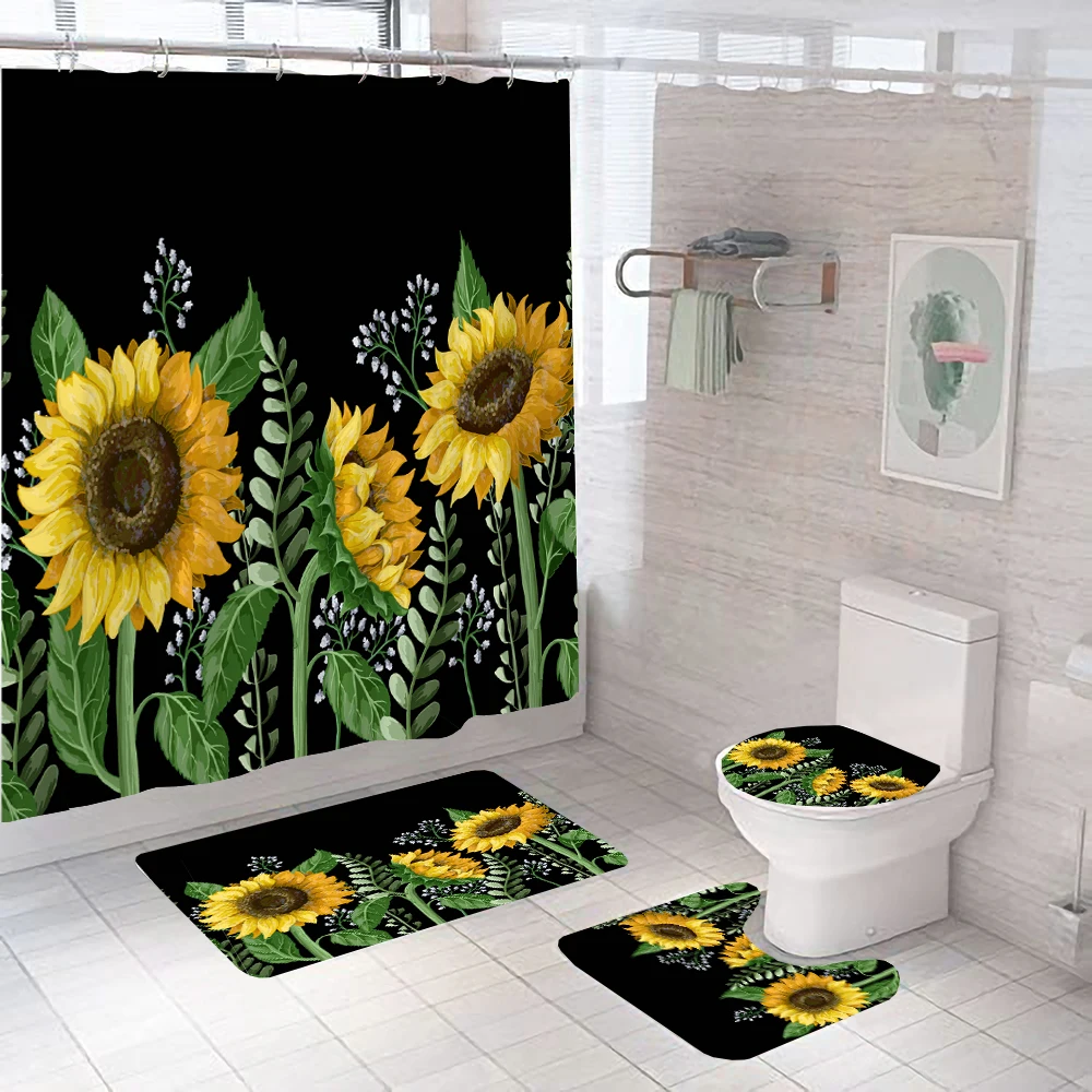 Black and Gold Tropical Plant Palm Leaf Bathroom Shower Curtain Set for Bathtub Exotic Leaves Bath Mats Rugs Toilet Home Decor