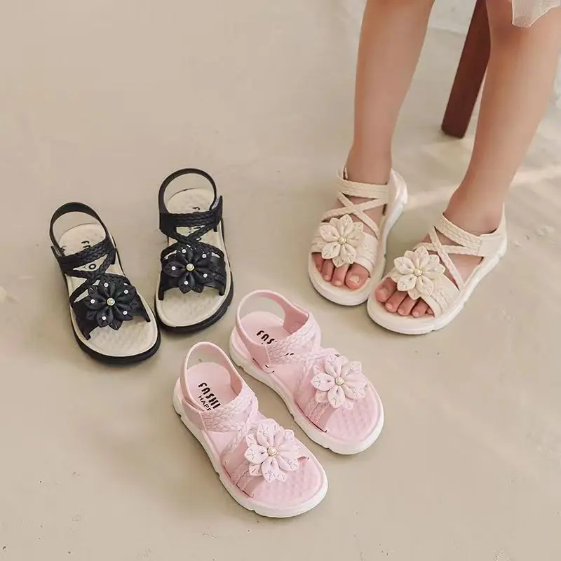 Trendy Cute Flower Decor Solid Color Open Toe Sandals For Girls, Breathable Lightweight Wear-resistant Sandals For All Seasons