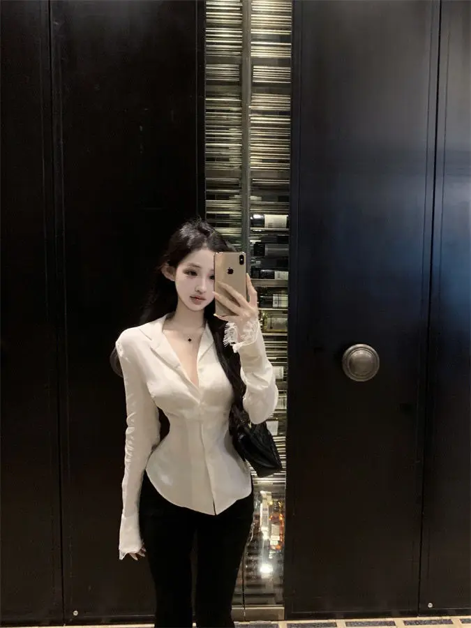 Backless Lace Youthful Fashion Black Long Sleeve Shirt Women V Neck Patchwork Elegant Basic Blouse Lady Office Casual White Top