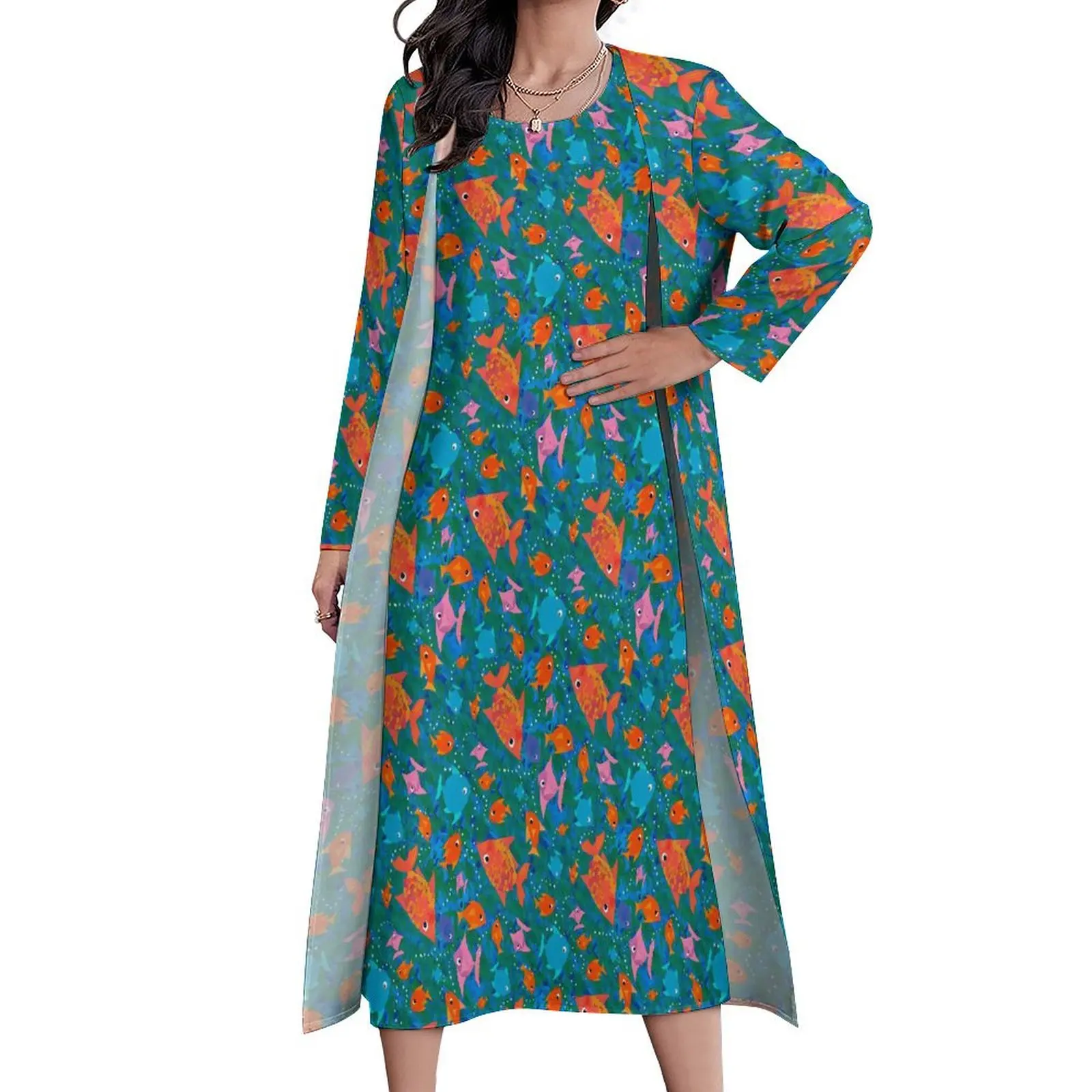 Fun Sea Fish Dress Orange Pink Blue Trendy Maxi Dress Two-Piece Pattern Bohemia Long Dresses Street Fashion Oversized Clothing