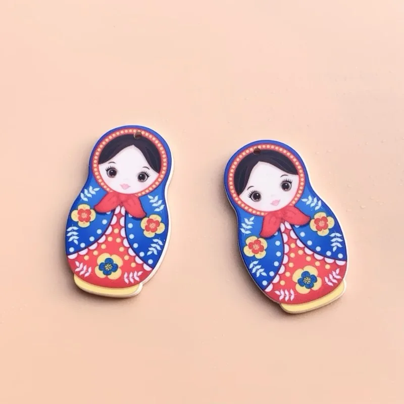 Russian Babushka Doll Acrylic Charms Blond Matryoshka Nesting Doll Kitsch Flower Charm for DIY Jewelry Making