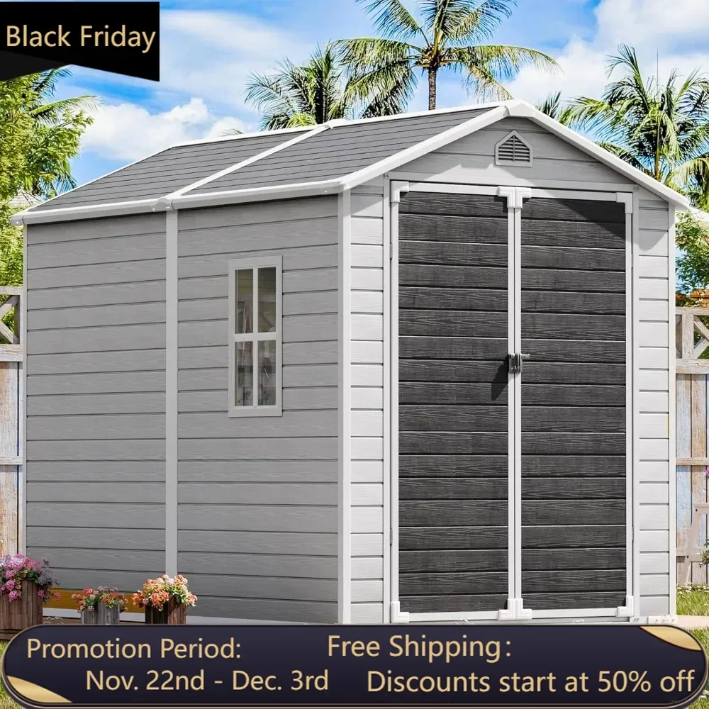 

Outdoor resin storage shed with floor 8x6 feet, windows lockable, suitable for garden and backyard, gray