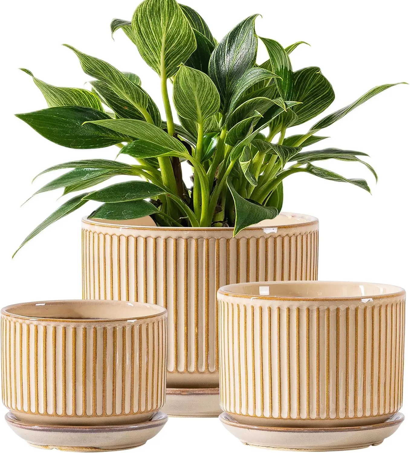 

Набор из 3 бежевых керамических кашпо (4.3+5.5+6.7 дюймов) для комнатных растений с дренажными отверстиями, поддонами и сетчатыми вкладышами, керамические, в полоску