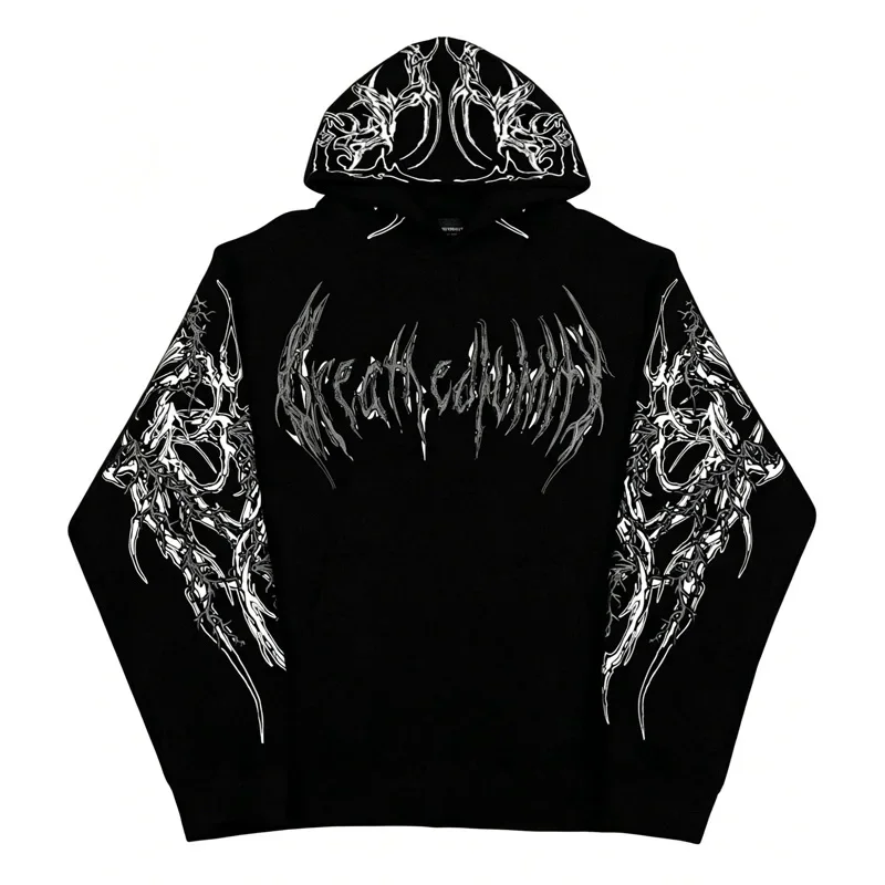 Herren Gothic Punk Hoodie mit Schriftzug-Print, Y2K Hip-Hop Streetwear Pullover, Dunkles Muster, Lässiger Kapuzenpullover mit Tasche – Detail 2