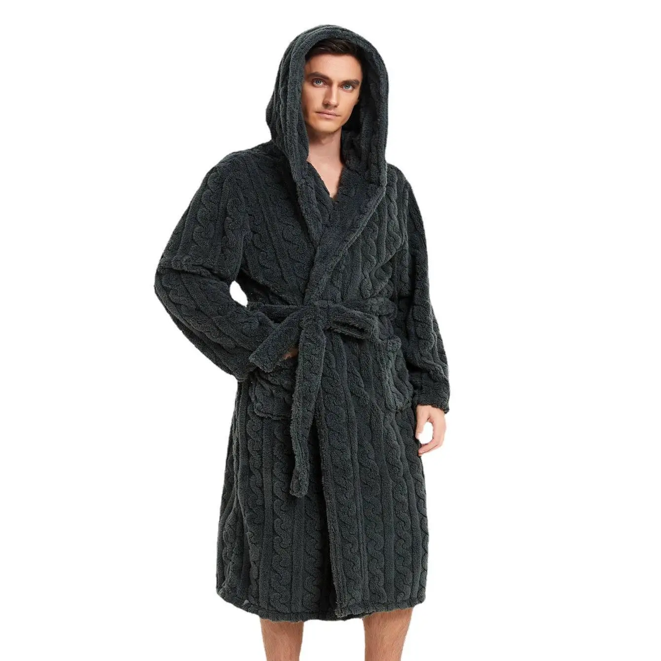 Thicken Jacquard Flannel Warm Sleepwear Men Robe Plush Coral Fleece Hooded Bathrobe Gown Winter Lounge Wear Home Wear Nightwear