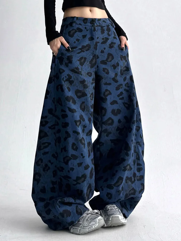 American Y2K Blue Leopard Jeans Women Vintage Casual High Waist Loose Denim Pants Harajuku Hip Hop Retro Bf Spring Trousers New