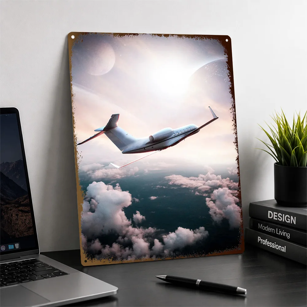 Passenger Plane Above Clouds Aluminum Poster Customized Metal Sign Supersonic Flight Portrait Wall Art Belongs In Home Offices