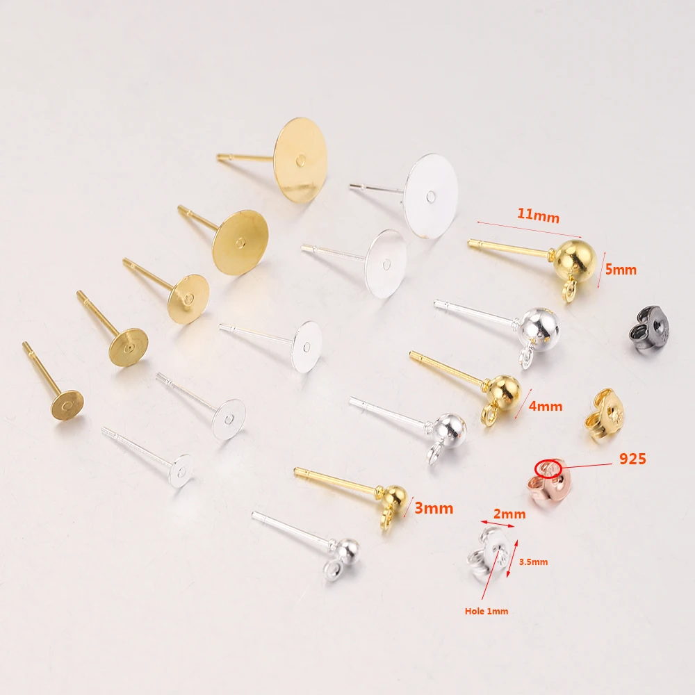 100 pcs Metal Blank Post Earrings Engraved Studs Base Pins With Plug Ball Needles For Ear Back Jewelry Makings lots