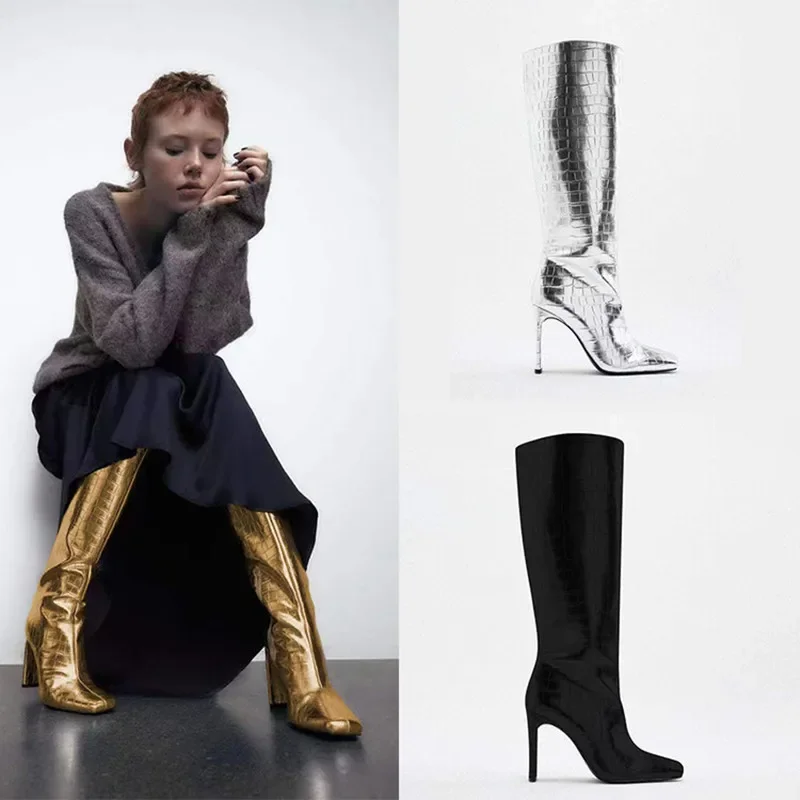 

European and American New Autumn and Winter Gold Women's Boots Fashion Square Head Knee High Boots Fashion Catwalk High Heels