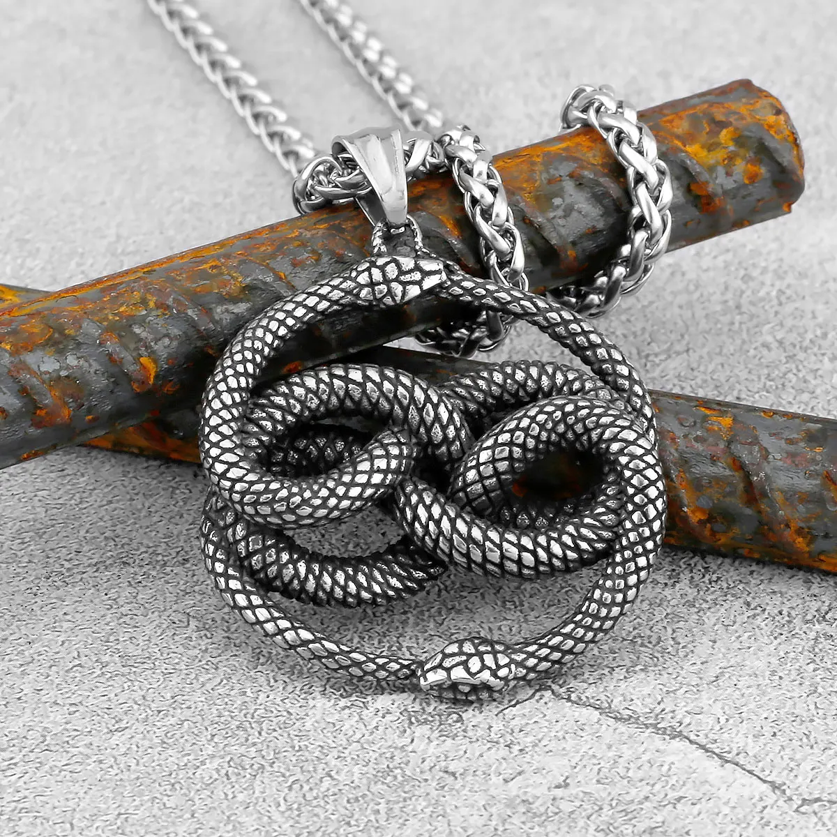 Viking Vintage Premium Street-tail Snake Necklace Nordic Men Stainless Steel Double Snake Odin Pendant Amulet Hip Hop Jewelry