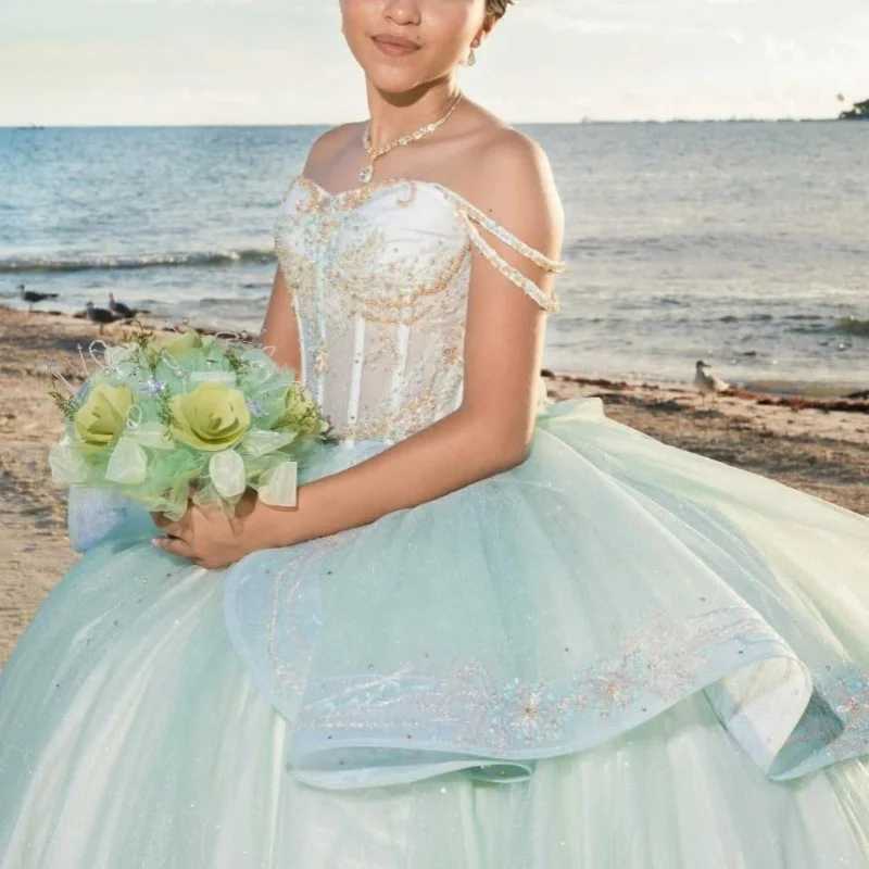 

Light Green Quinceanera Dress off-shoulder Glitter Crystal Decal Long tail vestidos de 15 Quinceanera ﻿Customize