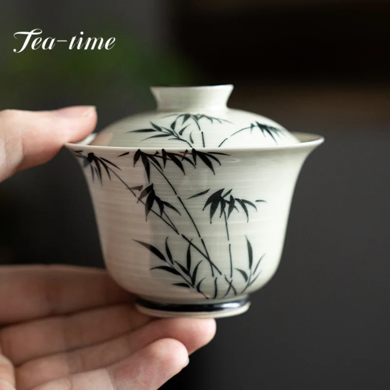 

95ml Hand-painted Ink Bamboo Ceramics Gaiwan Creative Tea Bowl Tea Tureen Tea Brewing Cover Bowl Drinkware Accessories Craft