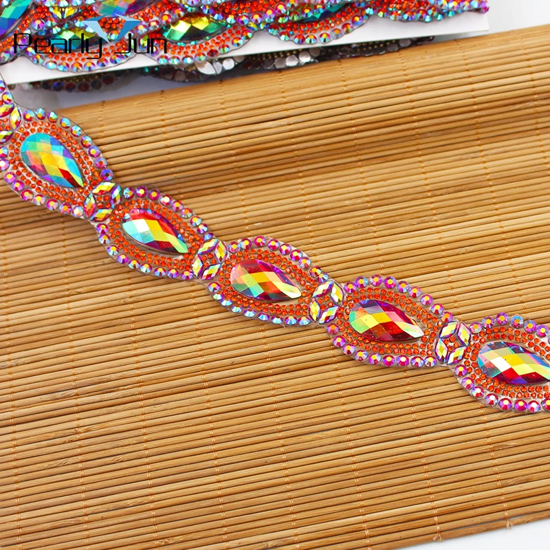 1 Yard Big Crystal Hot Fix Row Chain DIY ironing on Clothing Dress Shoes Decoration Accessories Red AB Rhinestone Trim TR045-2