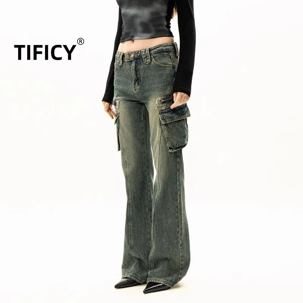

TIFICY Fashion Denim Pant Wide Leg Micro Horn Design Low Waist Jeans Women's Spring and Autumn American Retro Y2K Pants