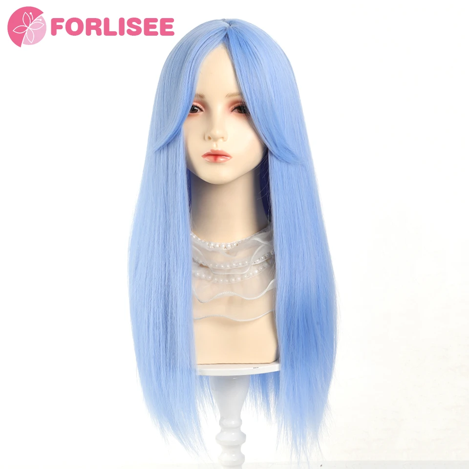 FORLISEE Synthetic Long Straight Lolita Wig with Bangs Wig Girl Cute Ombre Glacier Blue Cosplay Party Halloween Harajuku Wig