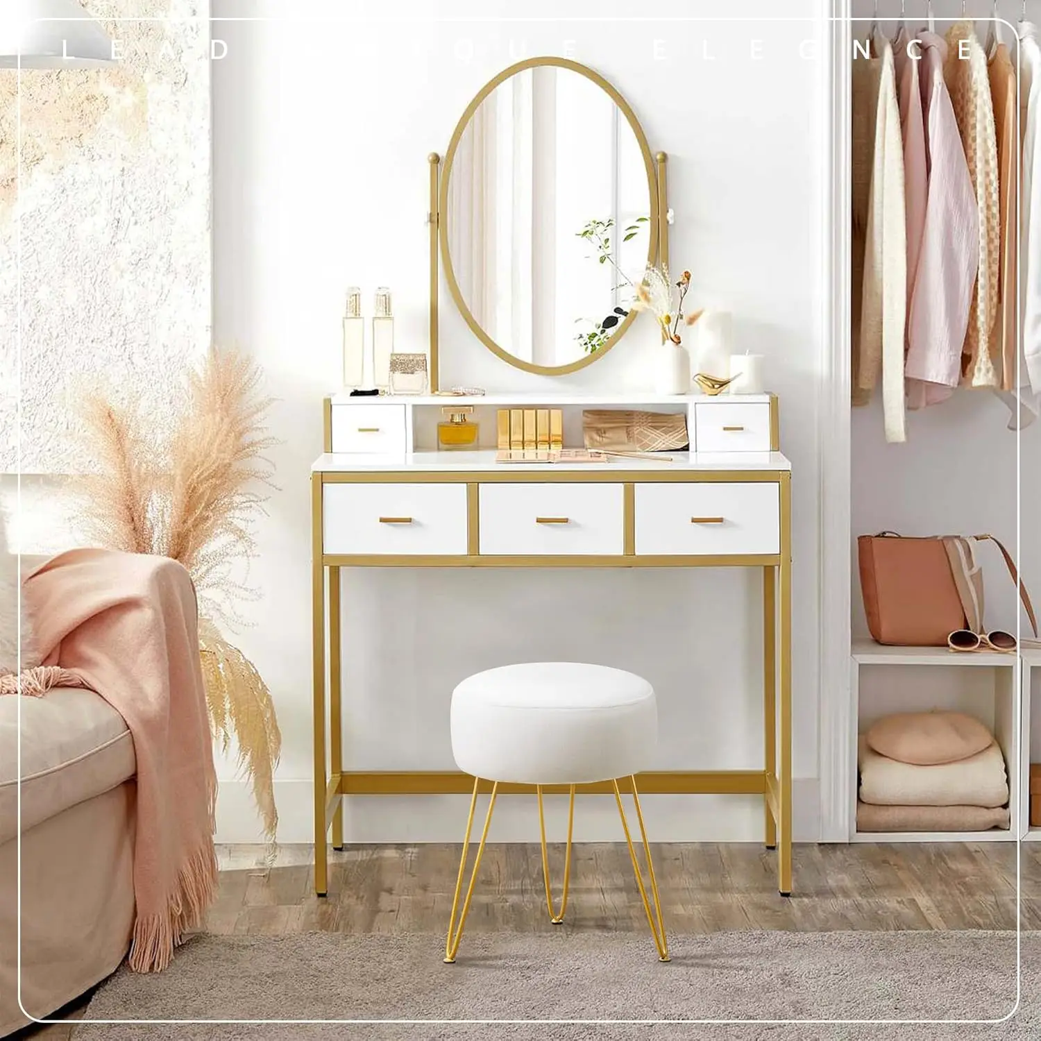 /BONA Vanity Stool, White Vanity Stools for Makeup Room, Round Ottoman Foot Stool
