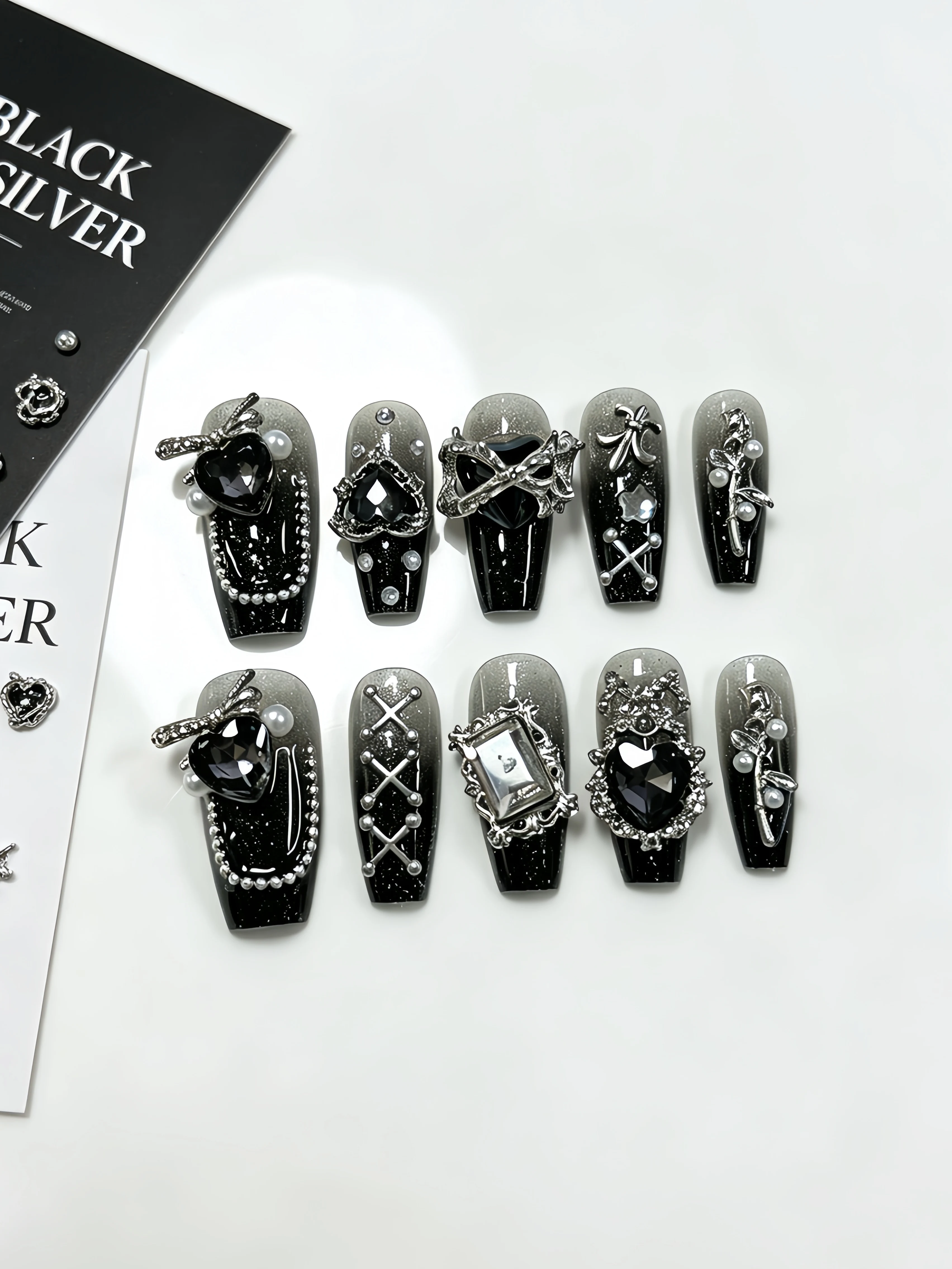 10-Piece Set, Trapezoidal Nails, Black Heart-Shaped Frame with Large Zircon Square Edge Rhinestones, Black Gradient Silver Glitter Cat-Eye Press-On Nails, Instagram Heavy-Duty Luxury Style, Subculture Niche Style, Gothic Sweet and Dark Style, Halloween Atmosphere Style view 3