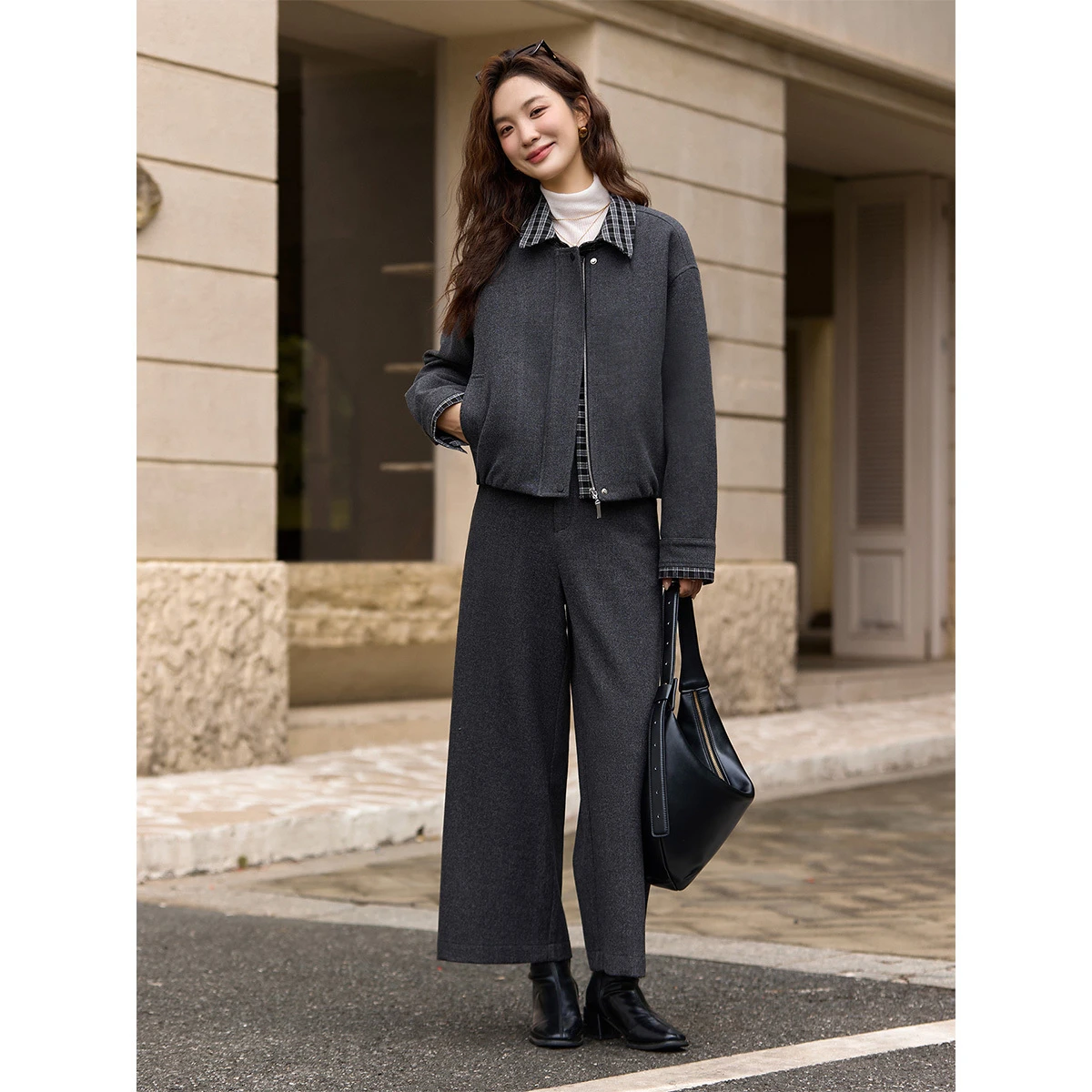 VIMLY Cappotti da donna 2025 Inverno Retro Falso in due pezzi Colletto corto con risvolto Plaid Splice Giacca Allentata Dritto Abiti femminili A3310