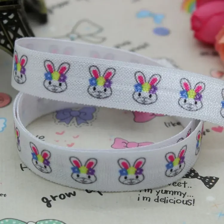 DHK 5/8 inch 5yards Fold Over Elastic FOE Easter Bunny printed ribbon headband  hair band  diy decoration OEM Wholesale E273