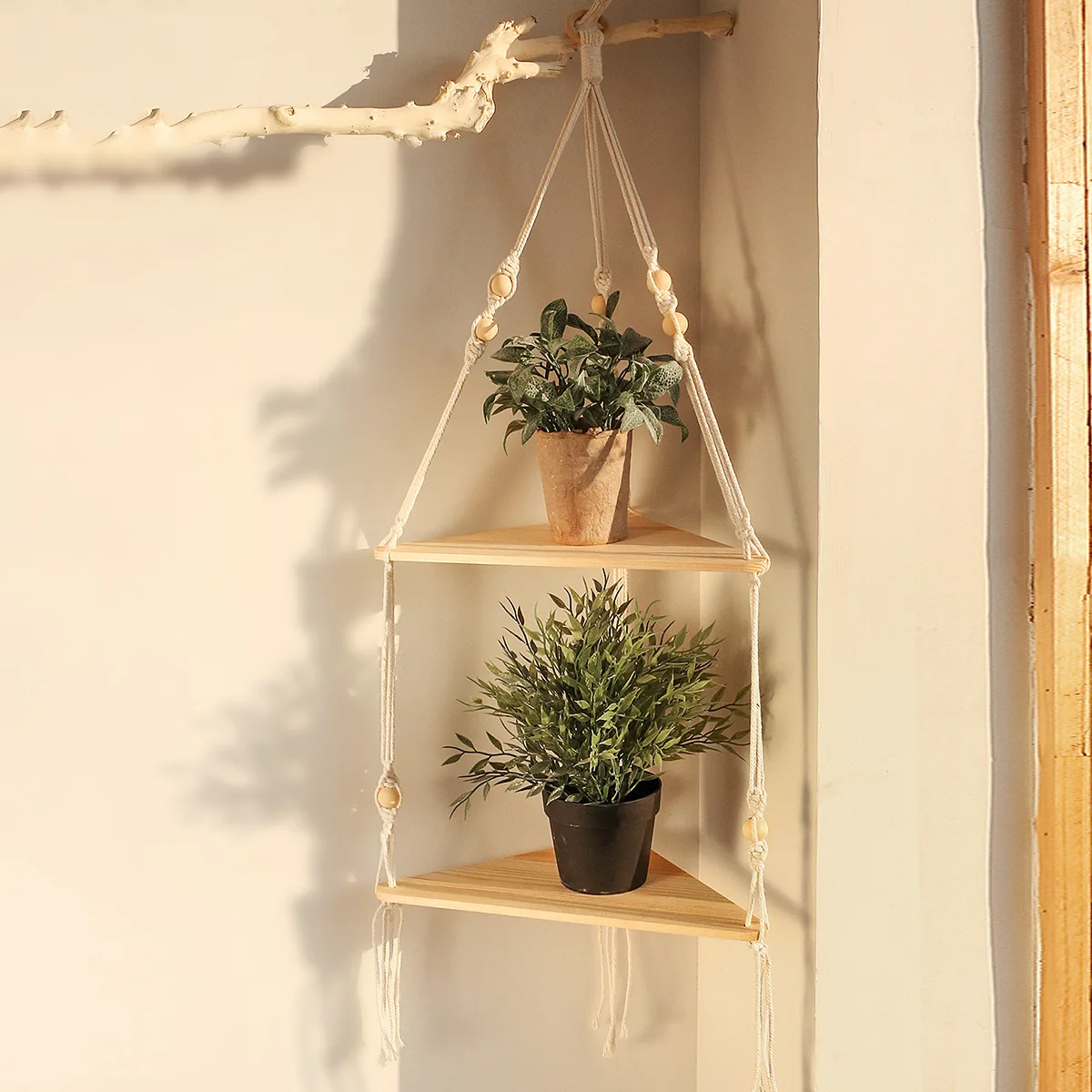 Bohemian Cotton Rope Hand-woven Shelf Triangular, Wooden Crafts Home Decor Flower Pot Storage