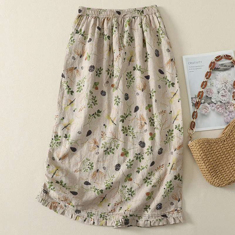 Slimming Floral Print Elastic Waist Half-length Skirt Versatile Linen Color A-line Skirt New Chinese Style Women's Fashion Su...