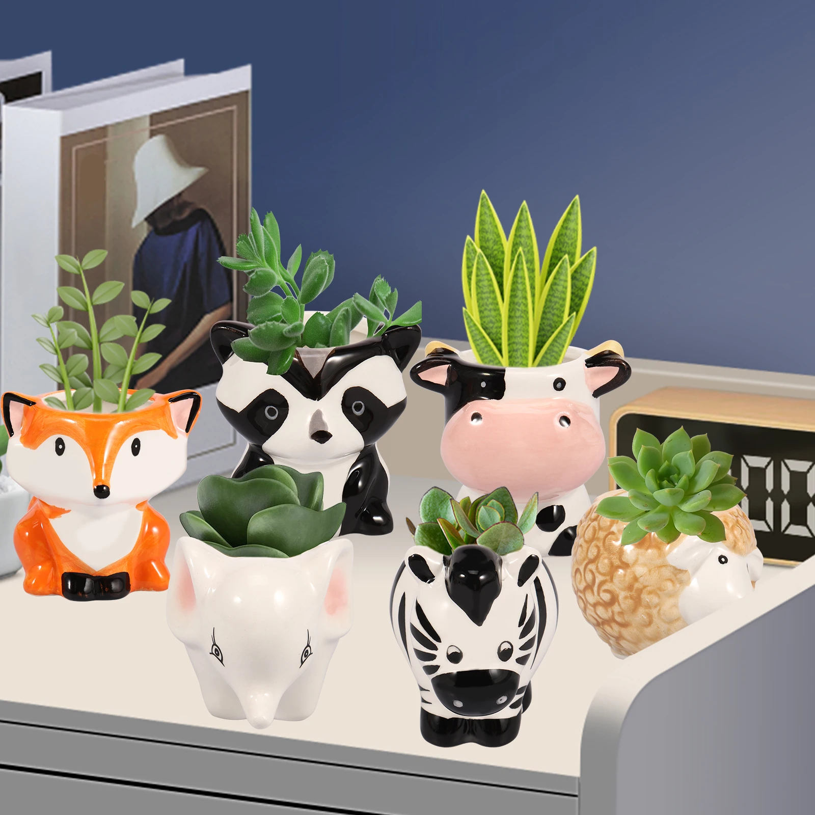 6Pcs Animal Ceramics Planter Ceramic Succulent Pots with Drainage Hole Cute Cartoon Animal Shaped Succulent Planter for Home