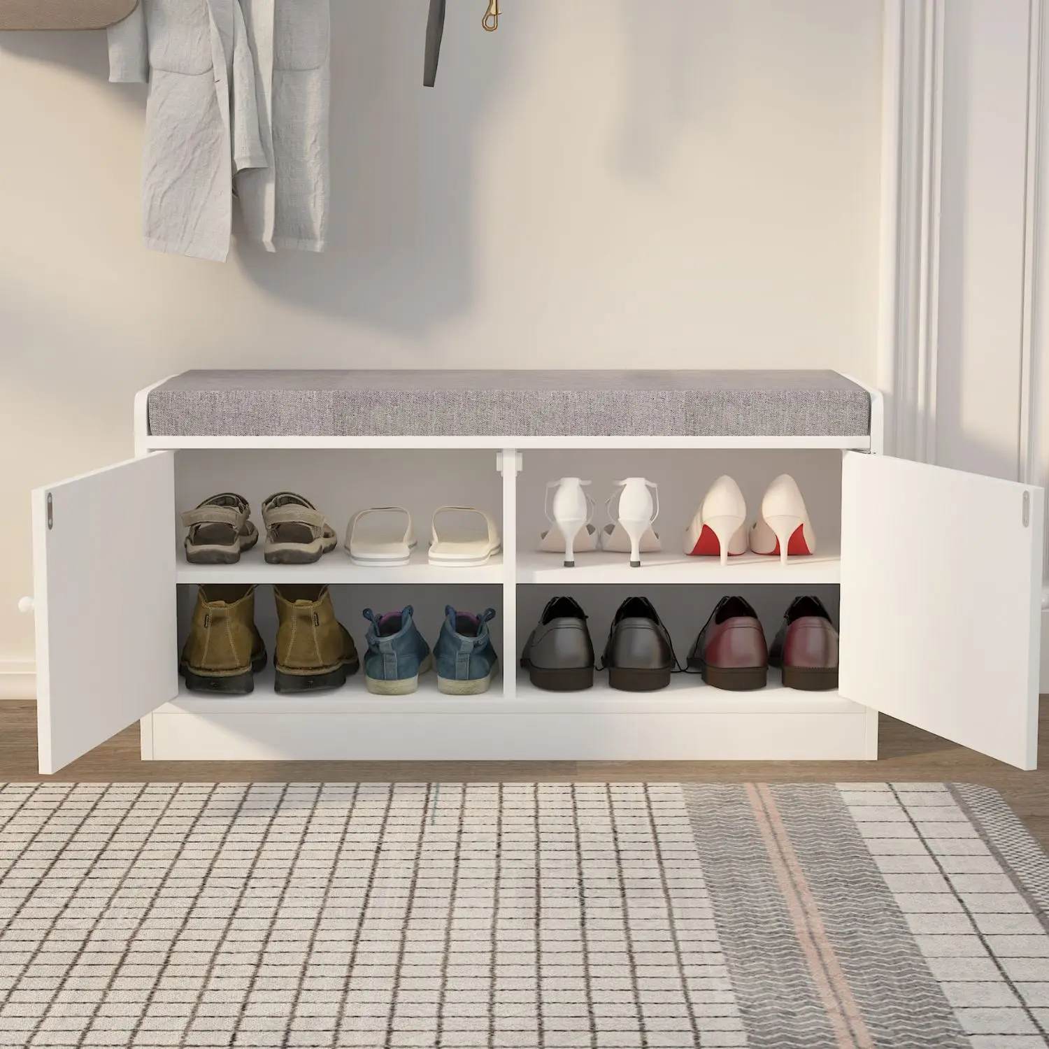 

Shoe Storage Bench with 2 Door Cabinet, Entryway Bench with Shoe Storage, Shoe Bench with Cushion, Adjustable Shelves, Shoe Rack