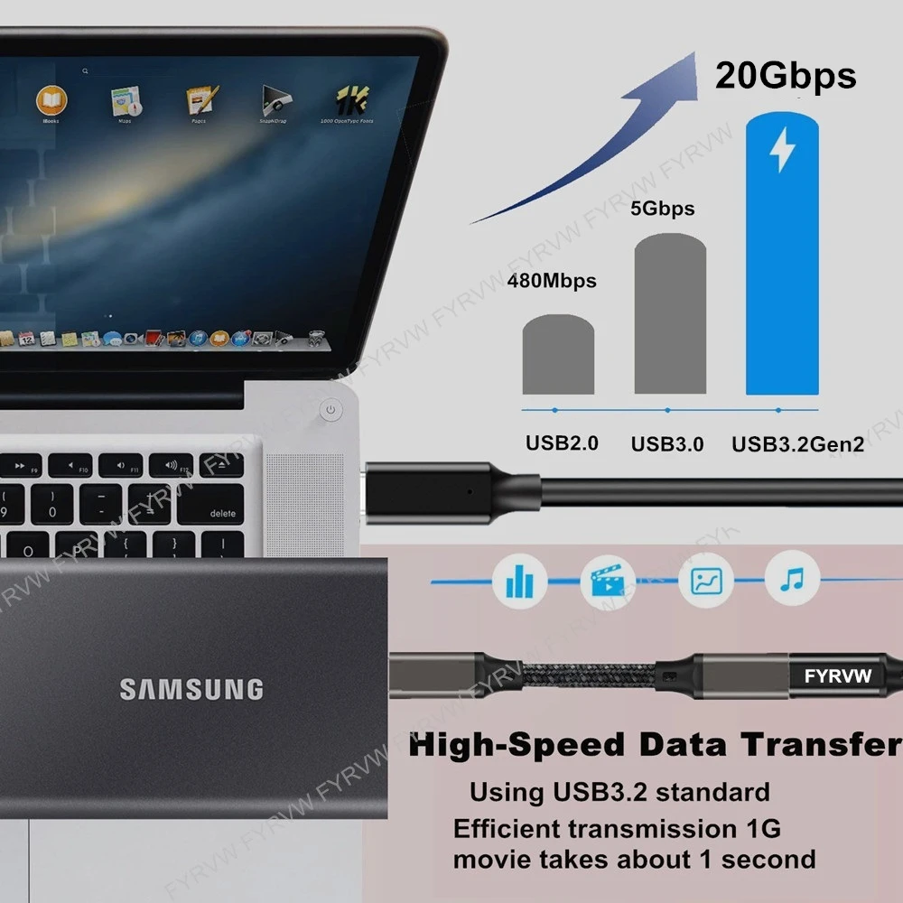 Przedłużacz USB3.2 typu C 20Gbps przedłużacz kabla USB3.2 gen2 2.2 4K 100W kabel USB C męski na żeński do przełącznika Nintendo MacBook