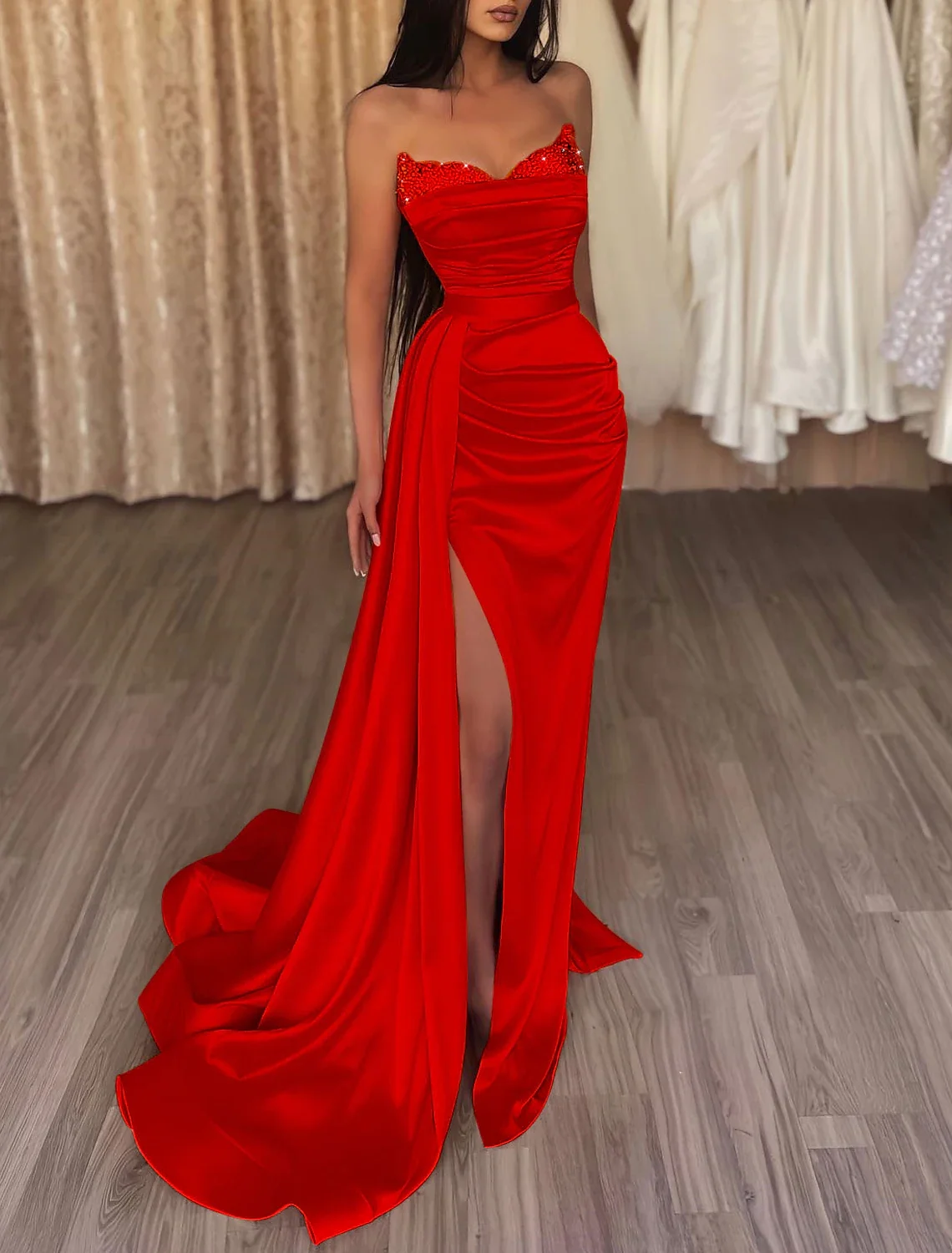 Sumnus Orange Sweetheart Mermaid Prom Dresses Sequins Coset Side Split Sexy Evening Party Dress Pleats Satin Women Formal Gowns