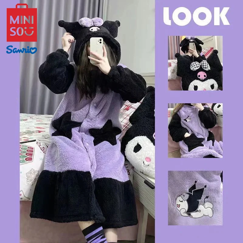 MINISO Sanrio Nightgown Kuromi Robe Couple Sleepwear Coral Fleece Cute Home Clothes Nighties for Womens  Children's Fleece Suit