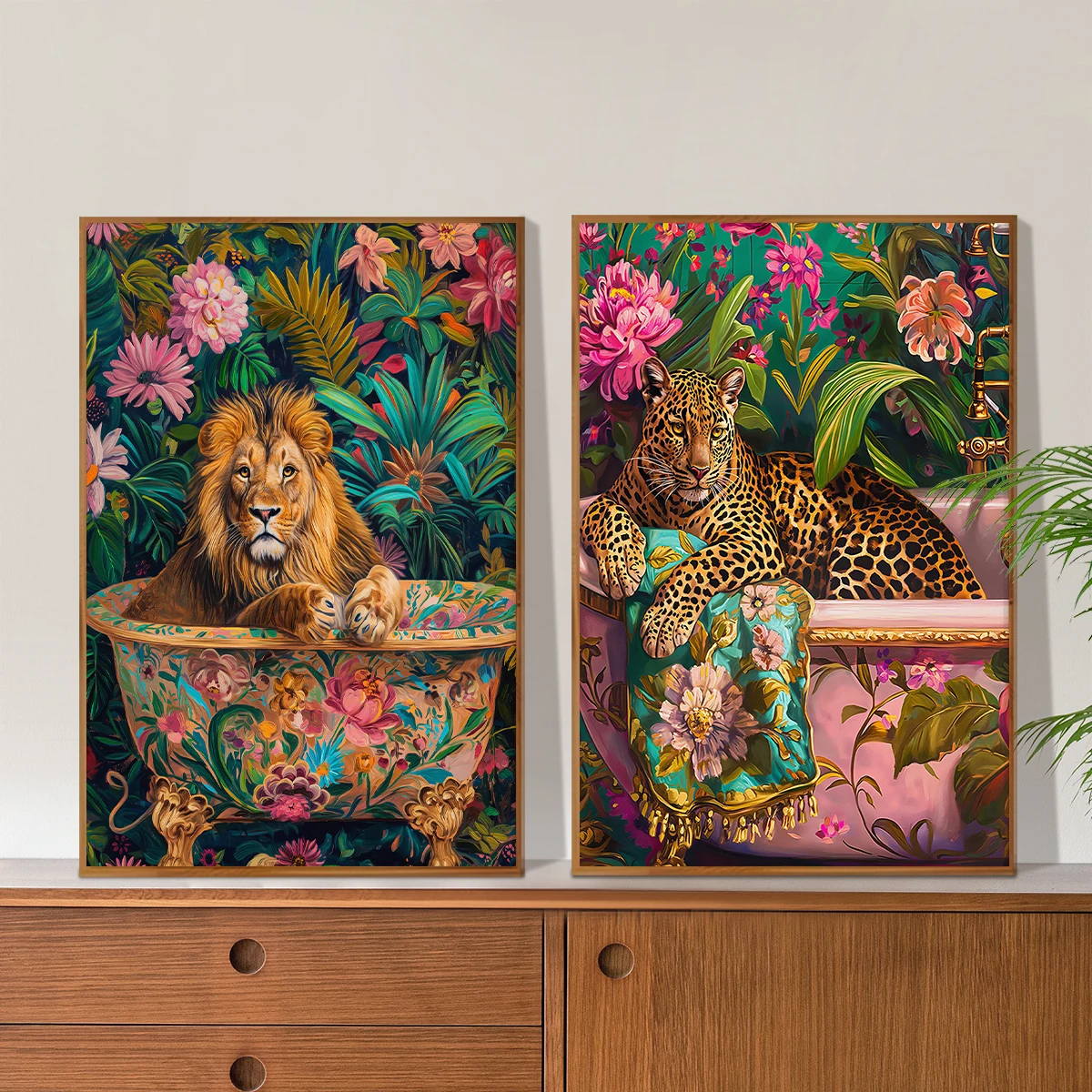 1/2pcs Bohe Lion in A Bathtub Canvas Print Poster Modern Colorful Dopamine Art Prints Bathroom Wall Art Home Decor Art Poster