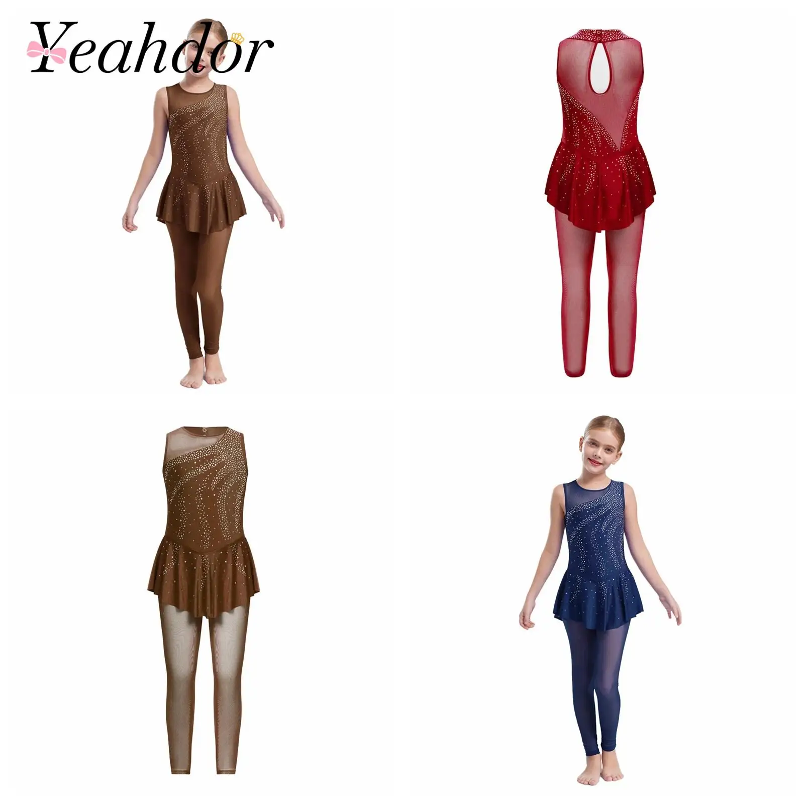 

Kids Girls Rhinestones Jumpsuit Sleeveless Ballet Dance Leotard Children Skating Skirted Bodysuit Gymnastics Jumpsuits Tights