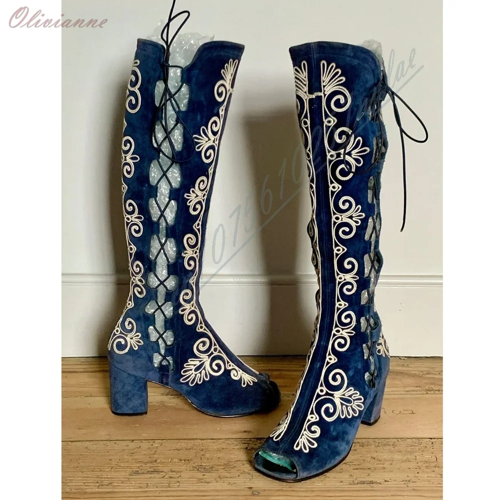 

Deep Blue Suede Hollow Strappy Lady's Mid Calf Boots Open Toe Chunky High Heels Retro Style Lace-up 2026 New Arrival Women Shoes