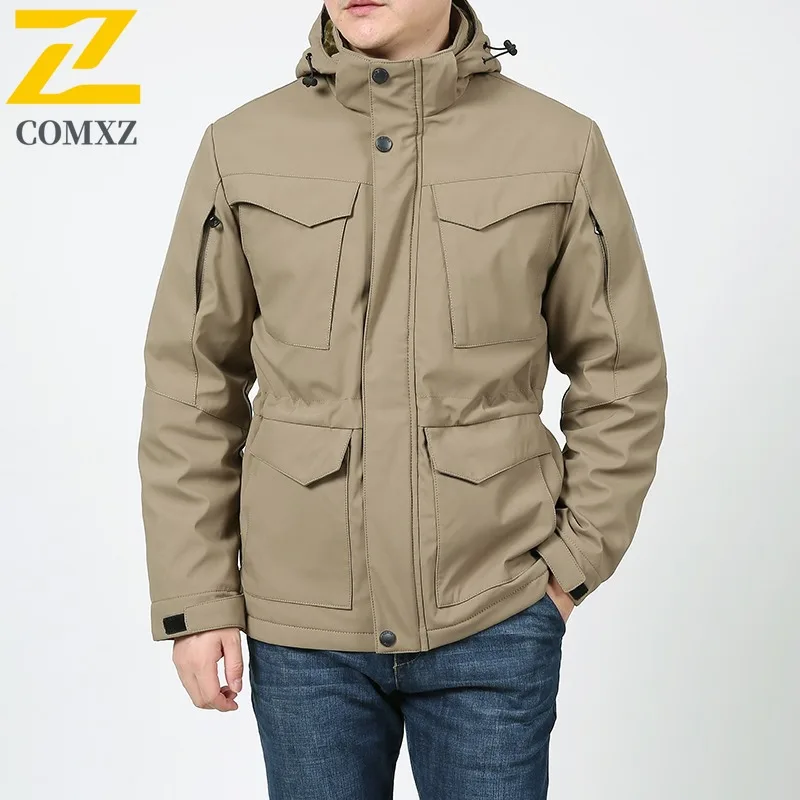 

COMXZ 2025 Мужская рабочая одежда на флисовой подкладке, зимняя водонепроницаемая ветрозащитная хлопковая куртка с несколькими карманами, легкое удобное пальто