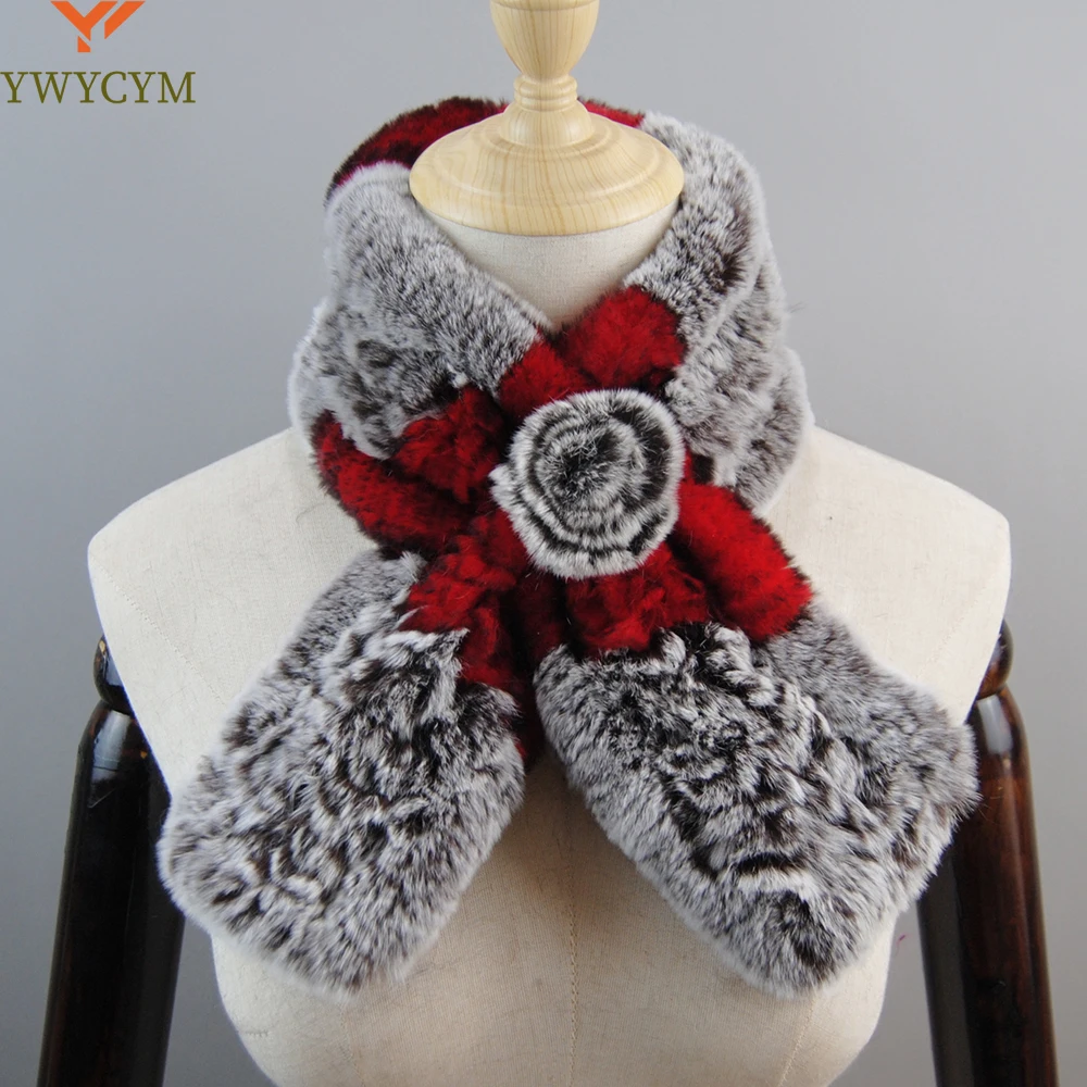 New Russian Women Knit Real Rex Rabbit Fur Scarf Lady Fashion Floral Rex Rabbit Fur Mufflers Hot Winter Warm Natural Fur Scarves