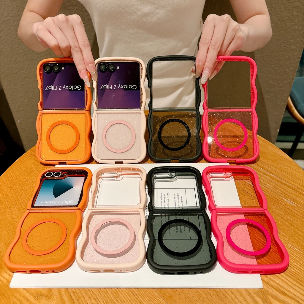 Trendy Wavy Edge Transparent Glitter Magnetic Wireless Charging Shock Proof Phone Case for Samsung Galaxy Z Flip 8 7 6 5