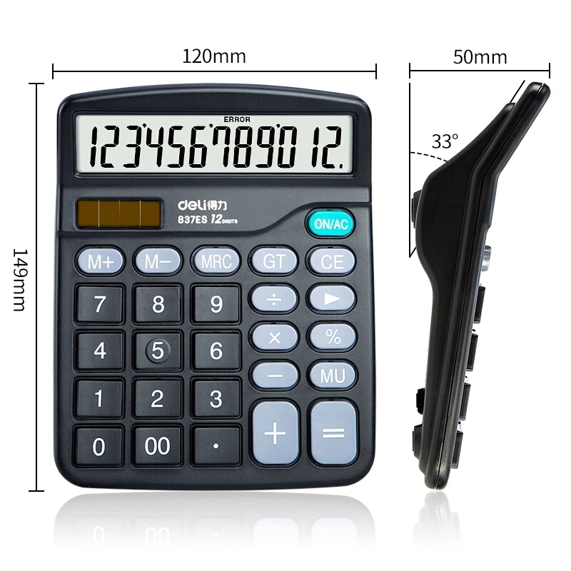 Deli-calculadora de escritorio de 12 dígitos, fuente de alimentación Dual Solar/batería, material escolar negro, 837ES, 1 unidad